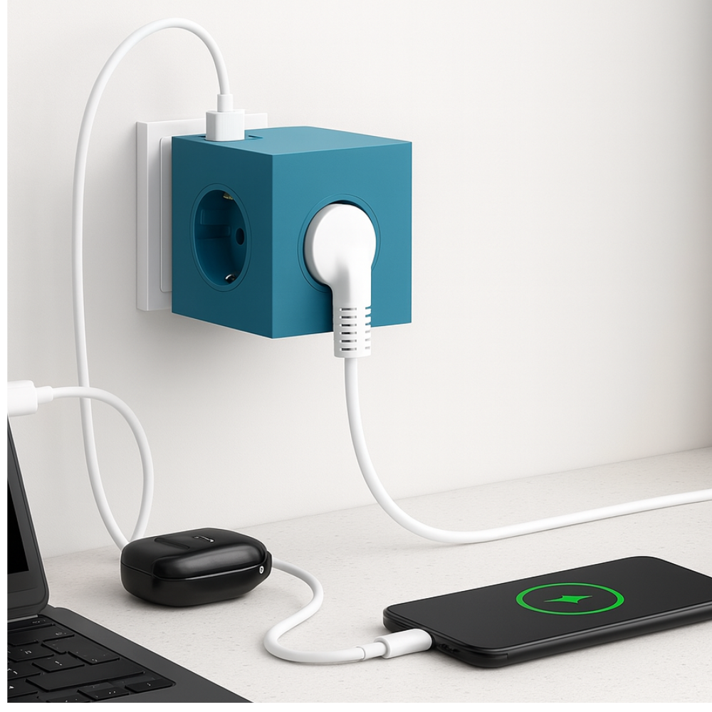 Regleta de enchufe múltiple tipo cubo,  3680W  2 puertos USB-C, USB-A, 3 tomas Schuko, verde.