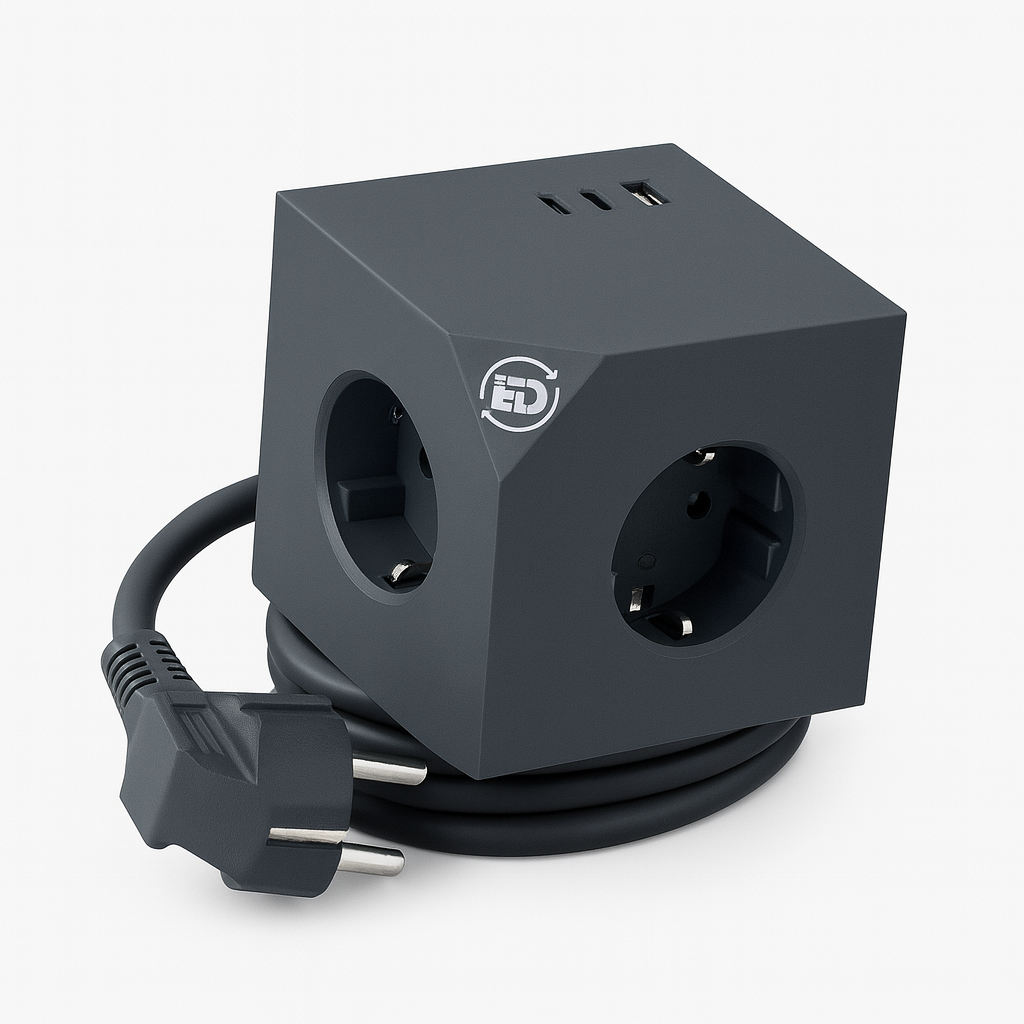 Regleta de enchufe múltiple tipo cubo con anclaje magnético,  3680W  2 puertos USB-C, USB-A, 3 tomas Schuko, cable de 1,5mt, gris.