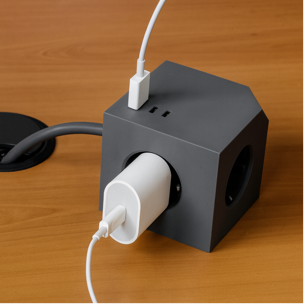 Regleta de enchufe múltiple tipo cubo con anclaje magnético,  3680W  2 puertos USB-C, USB-A, 3 tomas Schuko, cable de 1,5mt, gris.